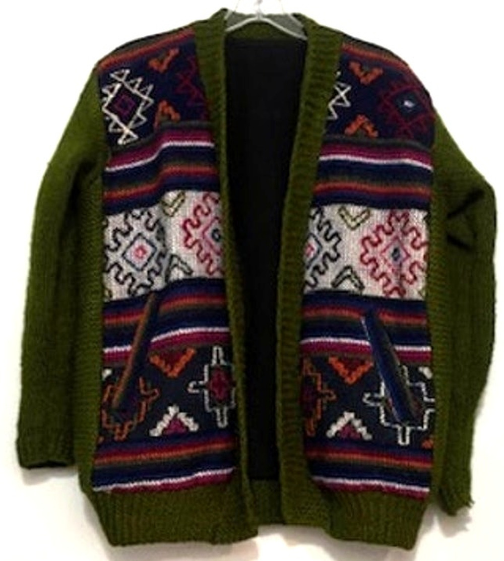 Vintage Cardigan Sweater Medium Hand Woven Embroidered Aztec